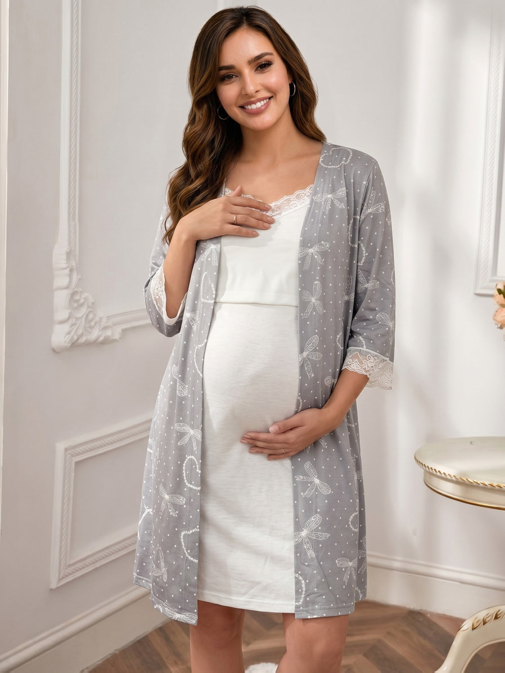 Women's maternity lace dressing gown and nightdress set