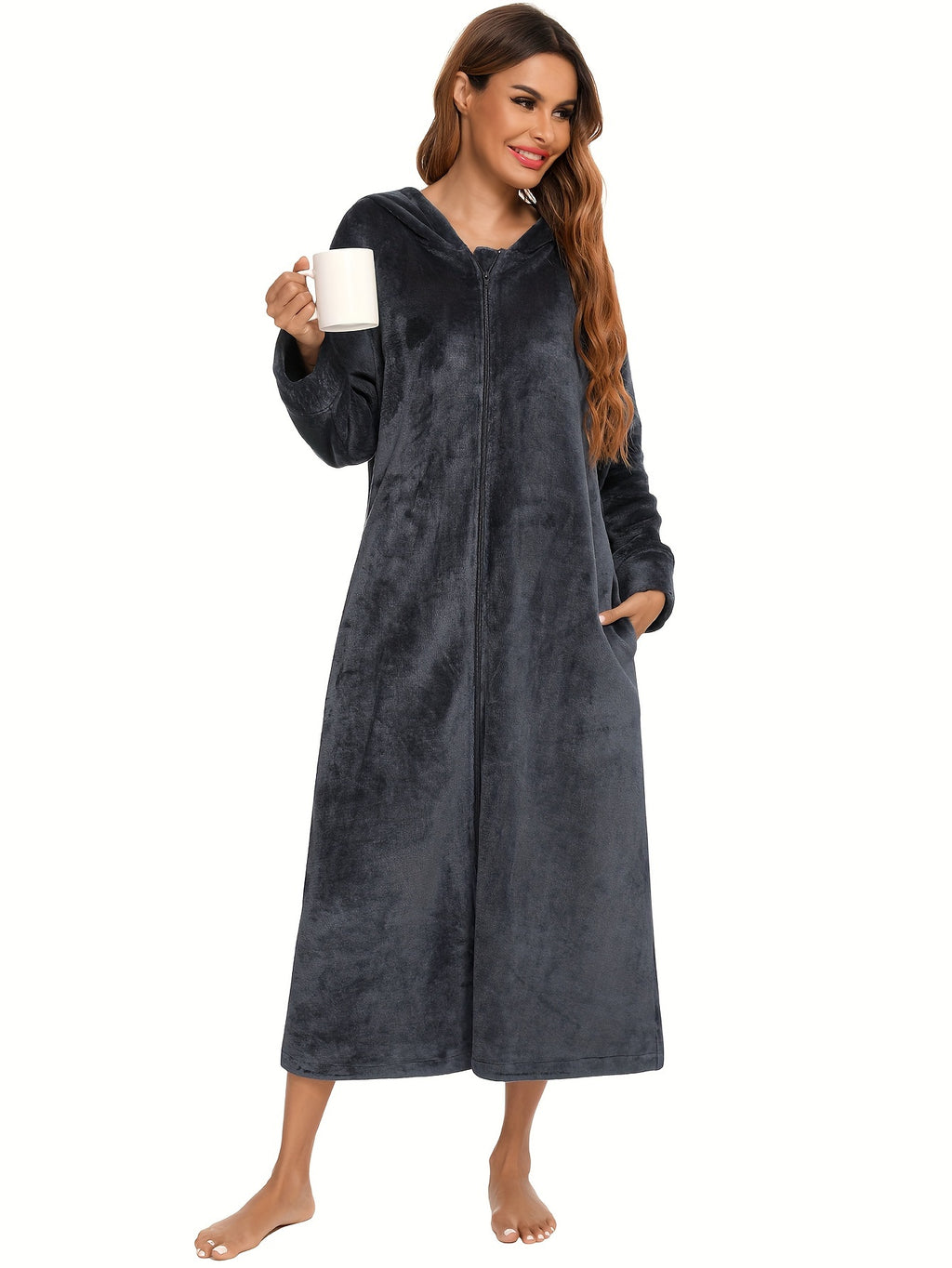 Women's hooded flannel zip-up dressing gown