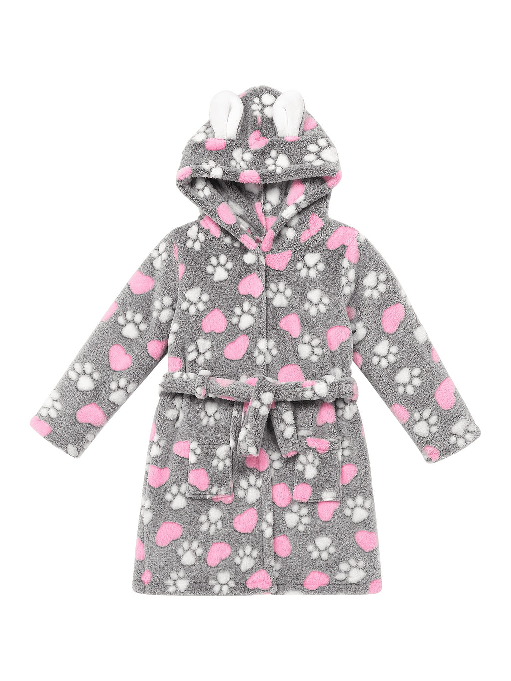 Girls' grey heart print hooded fleece dressing gown