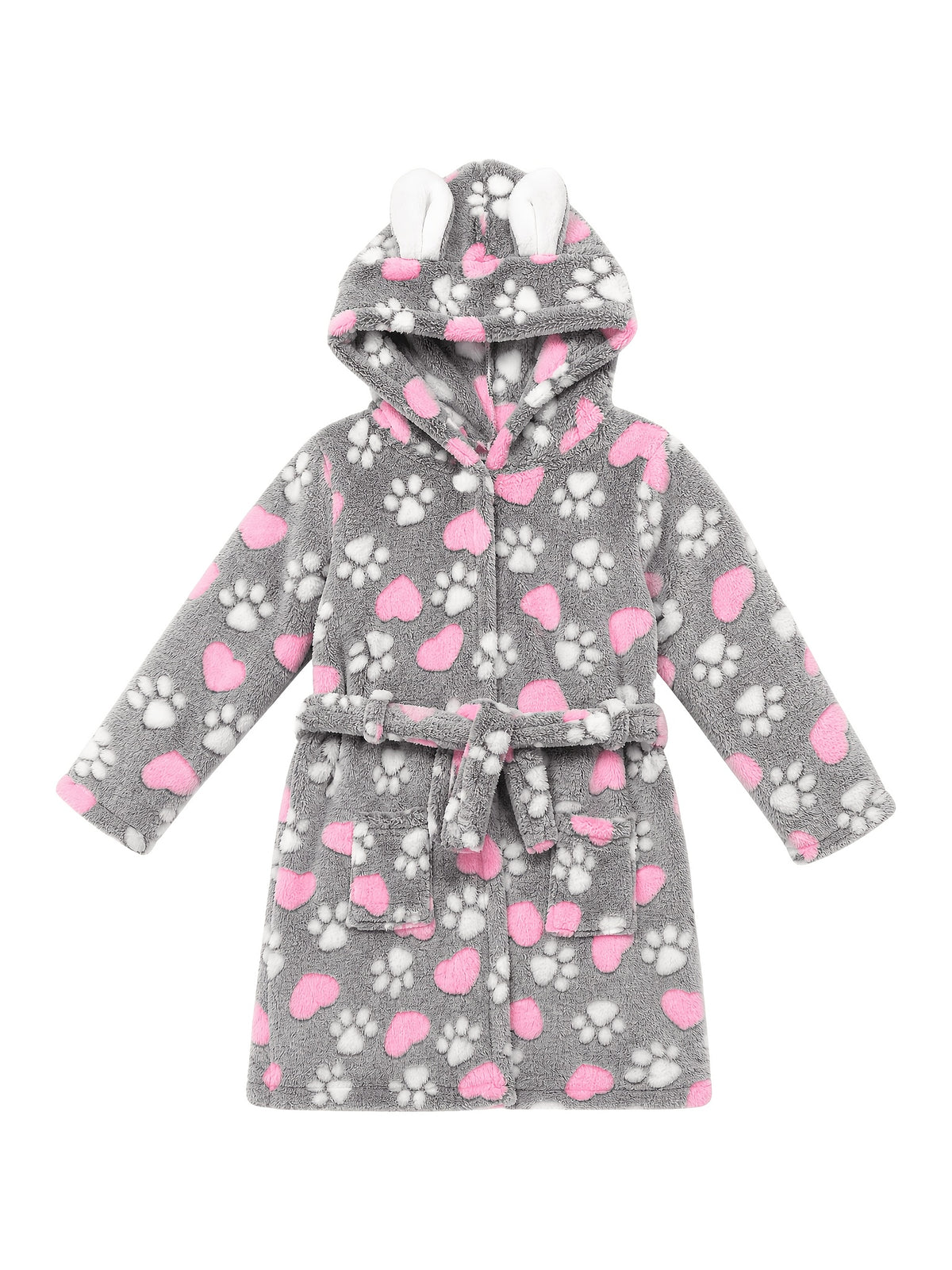 Girls' grey heart print hooded fleece dressing gown