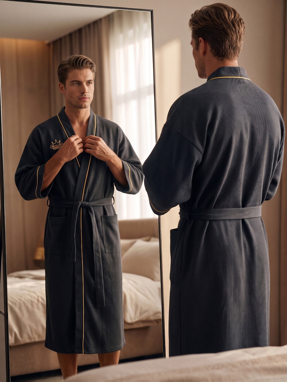 Men's black waffle bathrobe