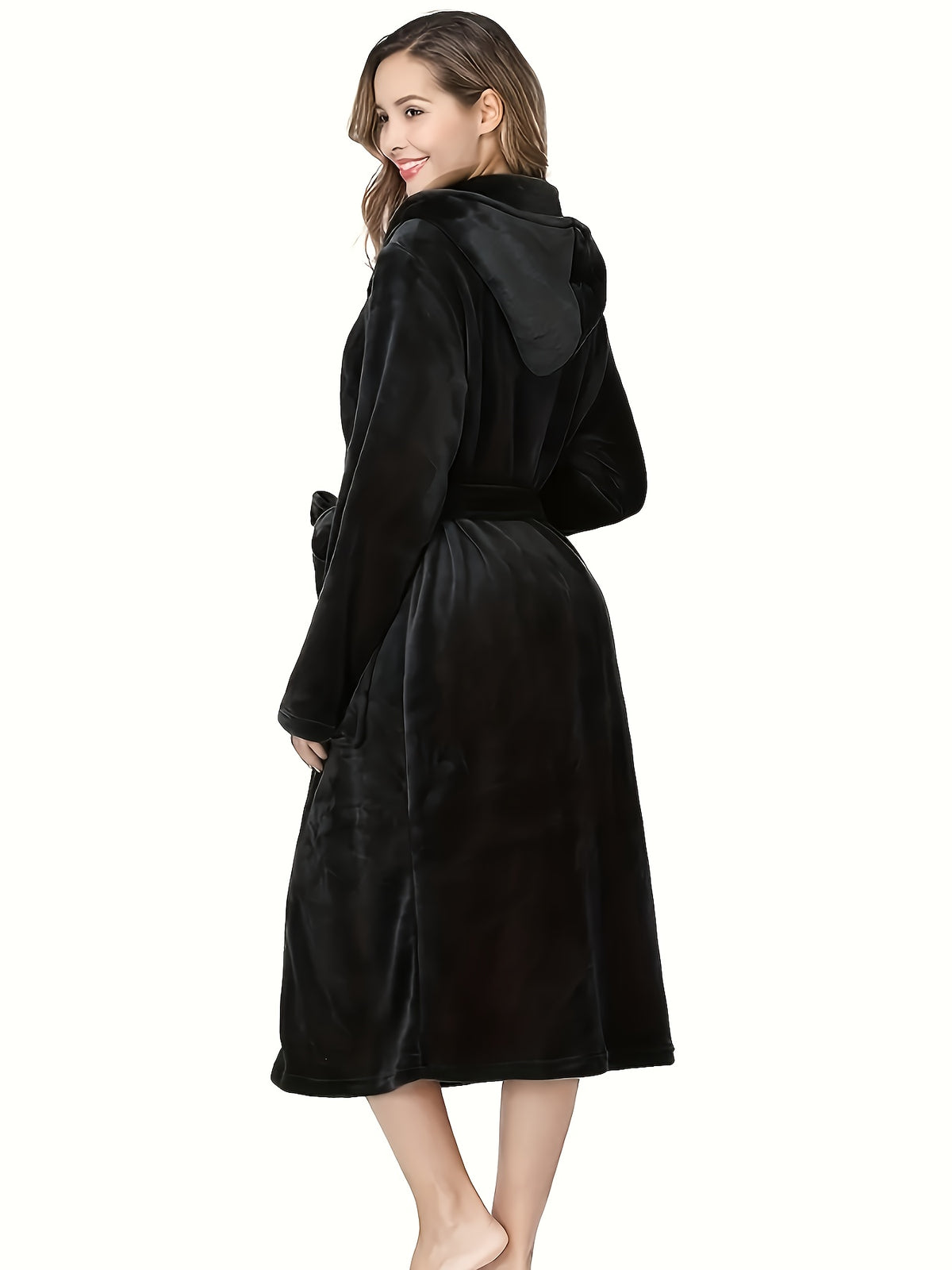 Women's long hooded flannel bathrobe