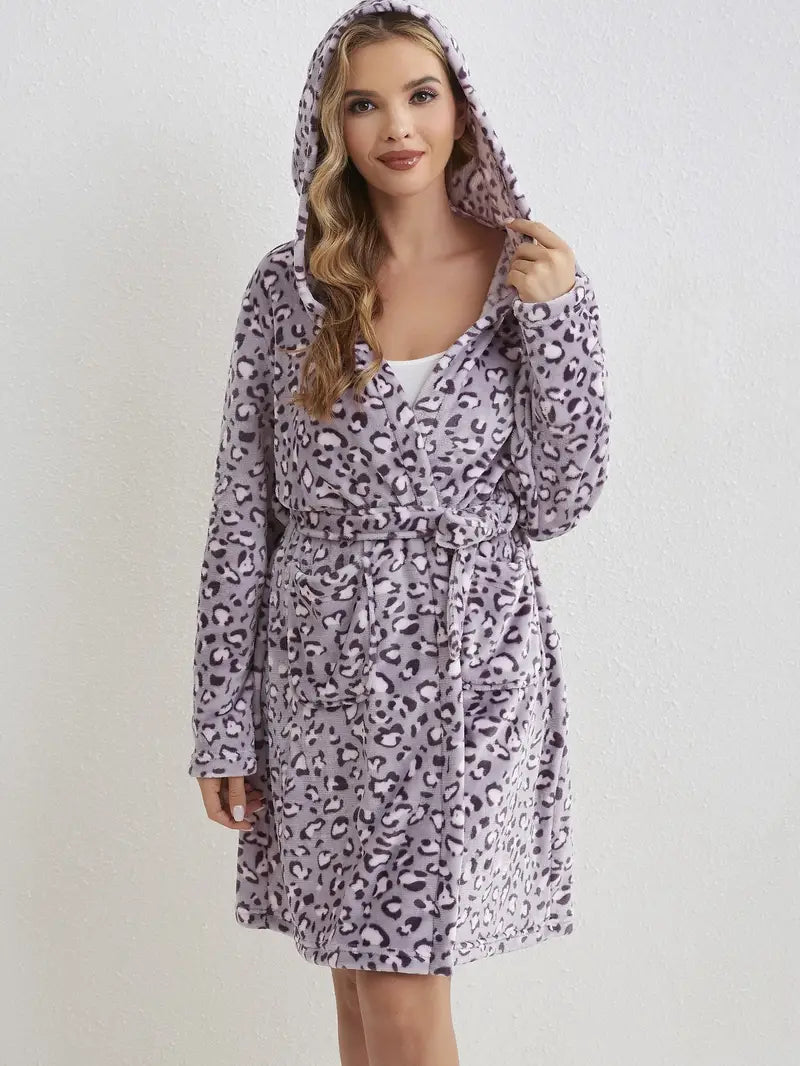 Women's short hooded towelling bathrobe