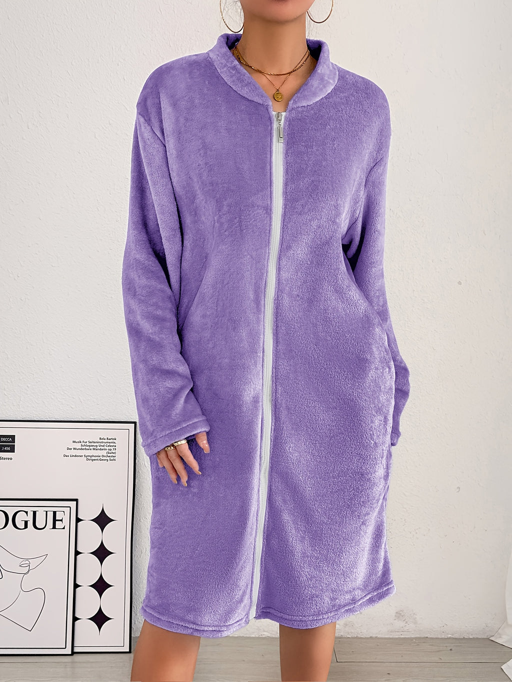 Women's thick flannel zip-up dressing gown