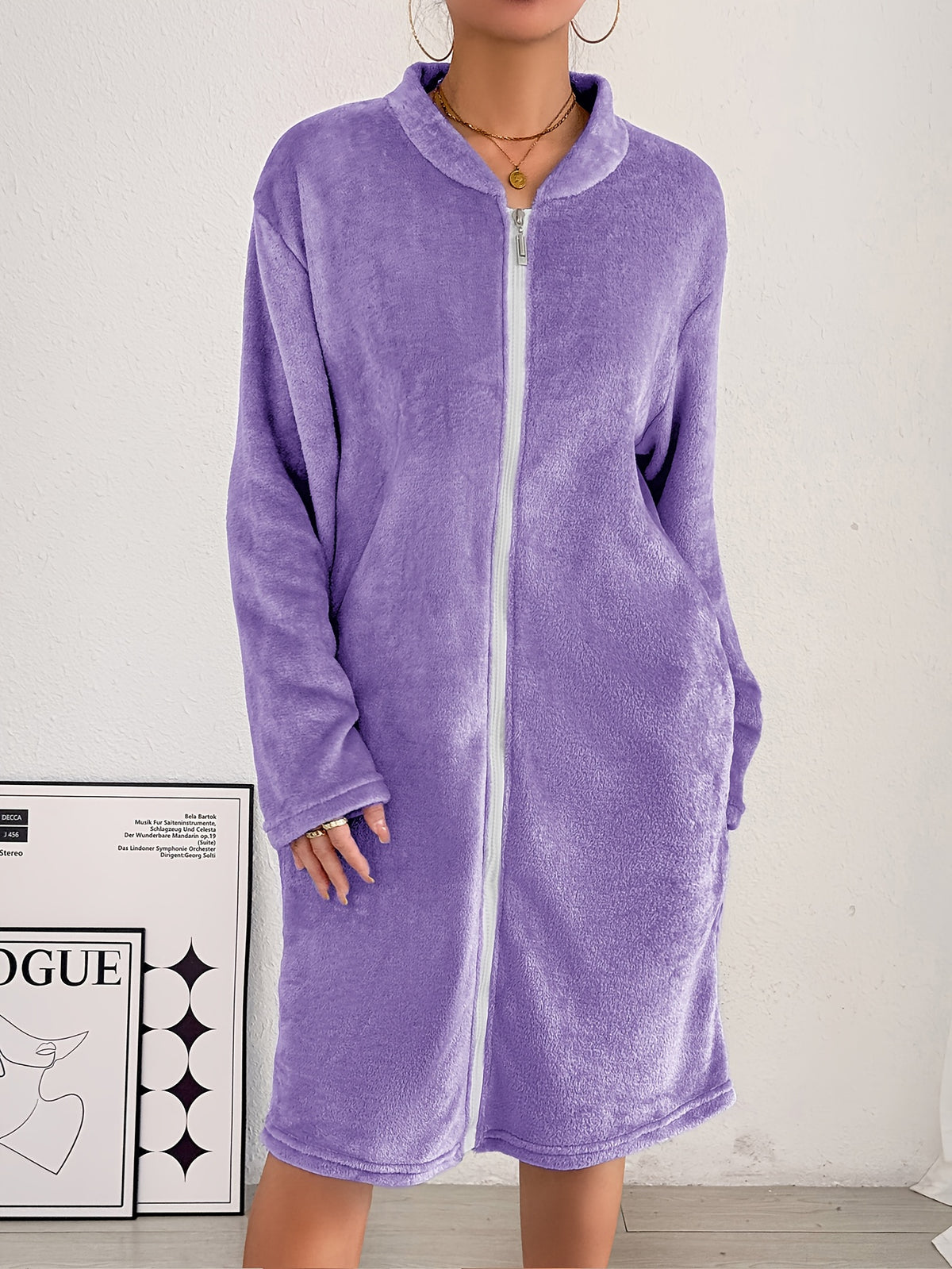 Women's thick flannel zip-up dressing gown