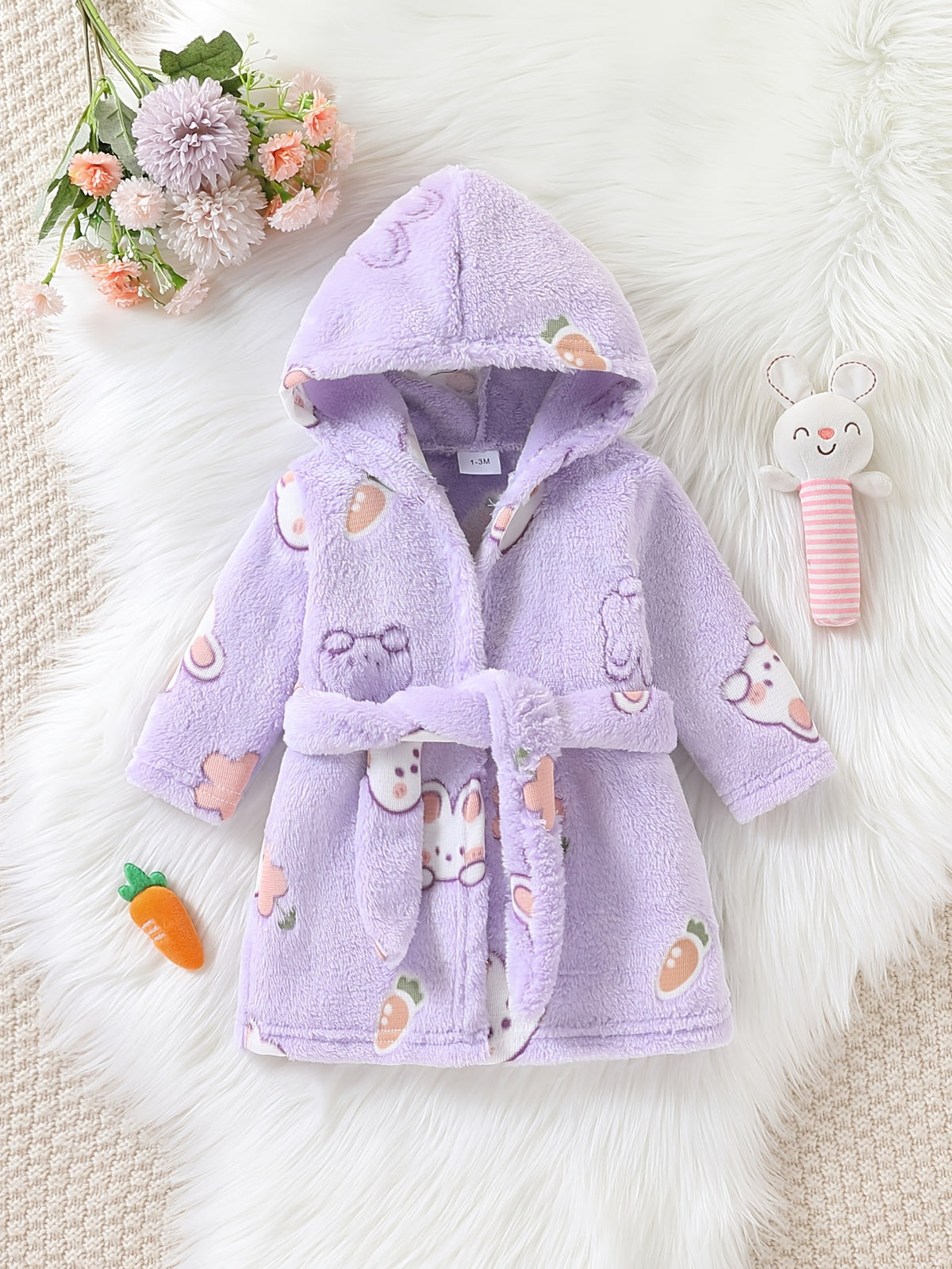 Baby purple long hooded fluffy fleece bathrobe