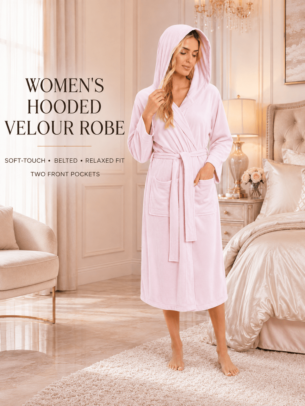 Women's long hooded velour bathrobe