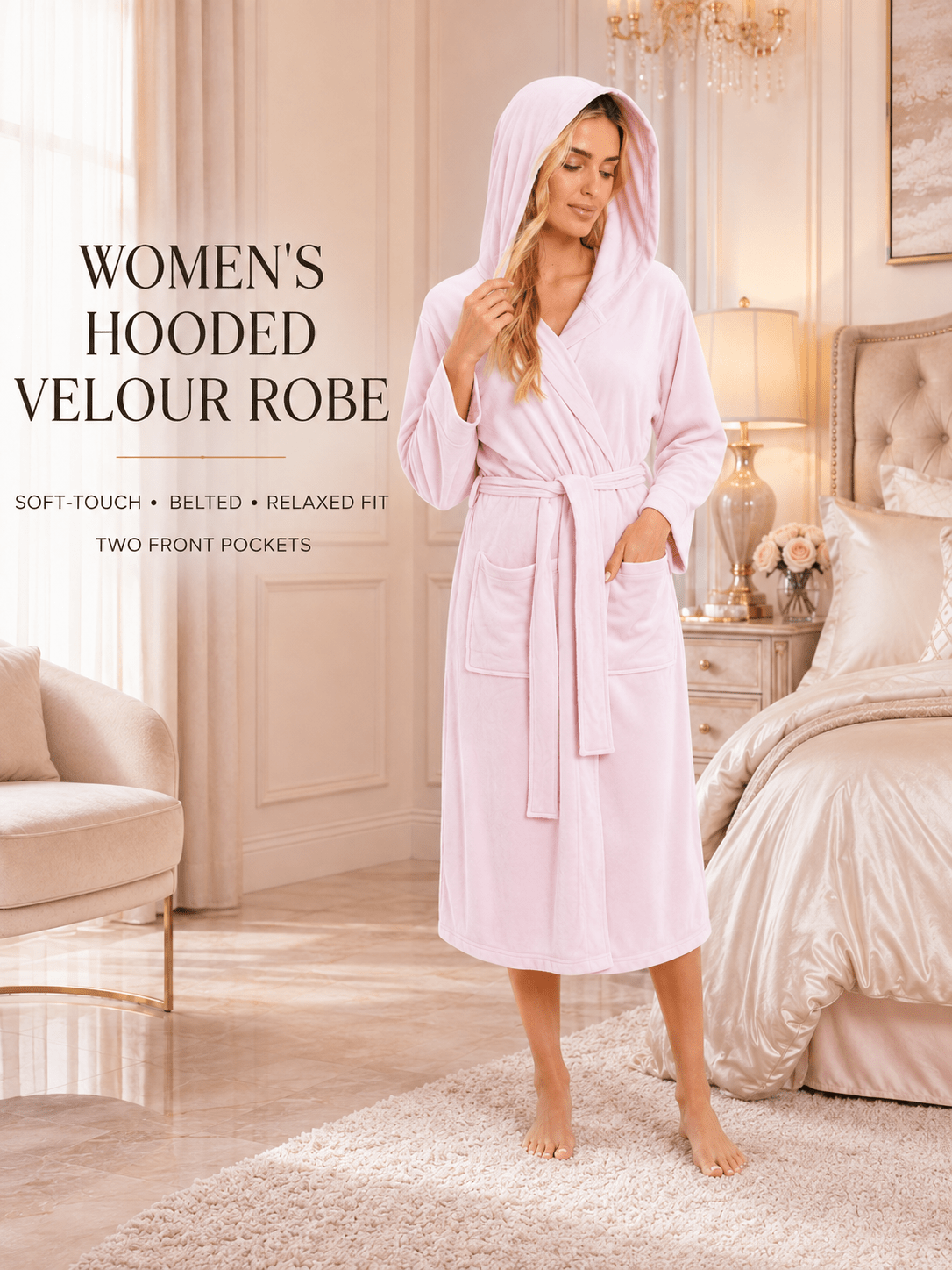 Women's long hooded velour bathrobe