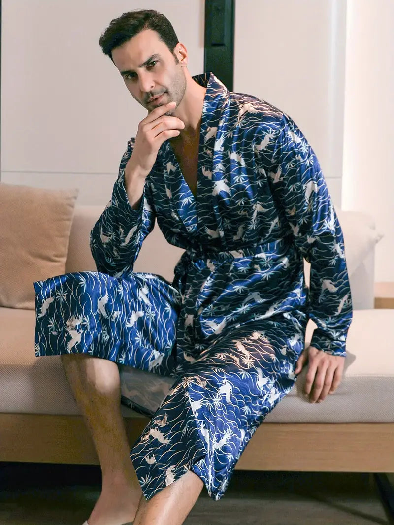 Men's long blue silky kimono robe