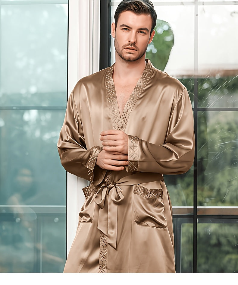 Men's champagne mulberry silk dressing gown
