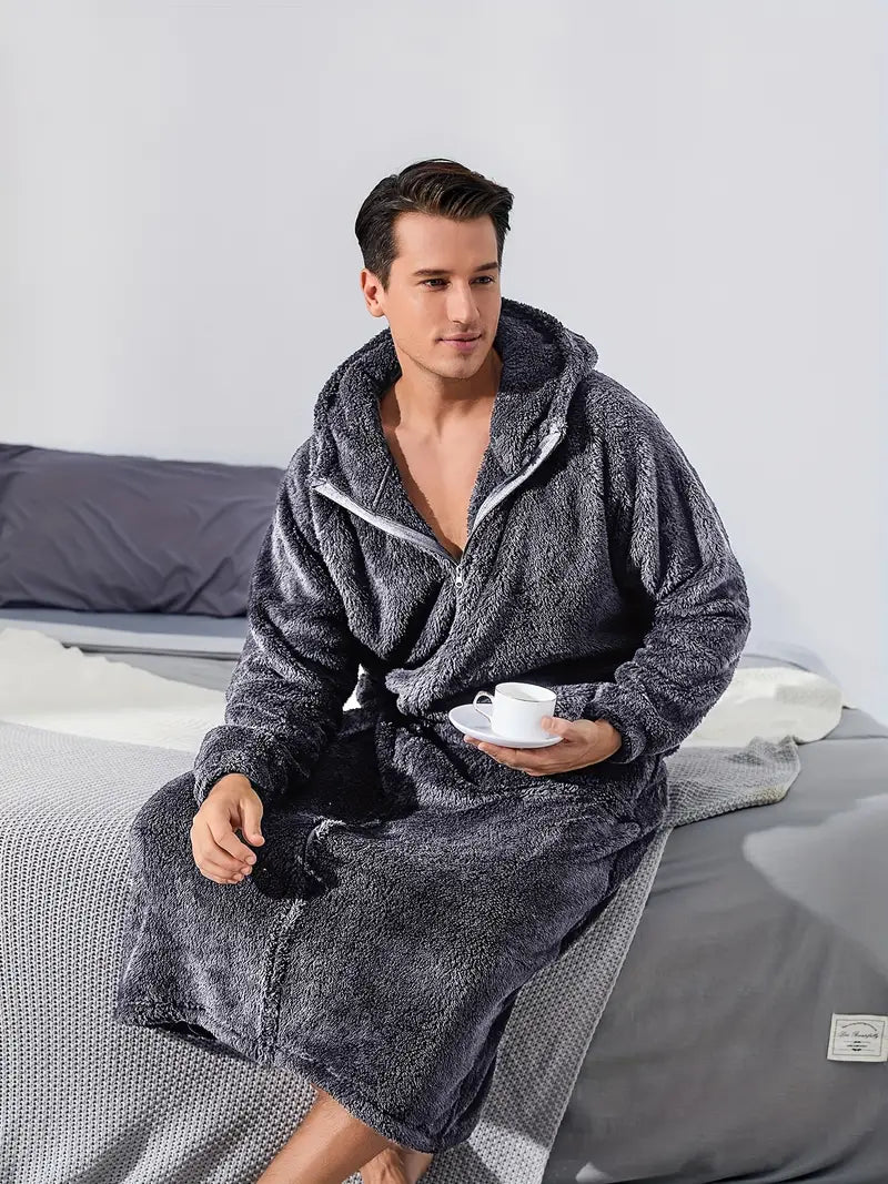 Men's long hooded towelling bathrobe