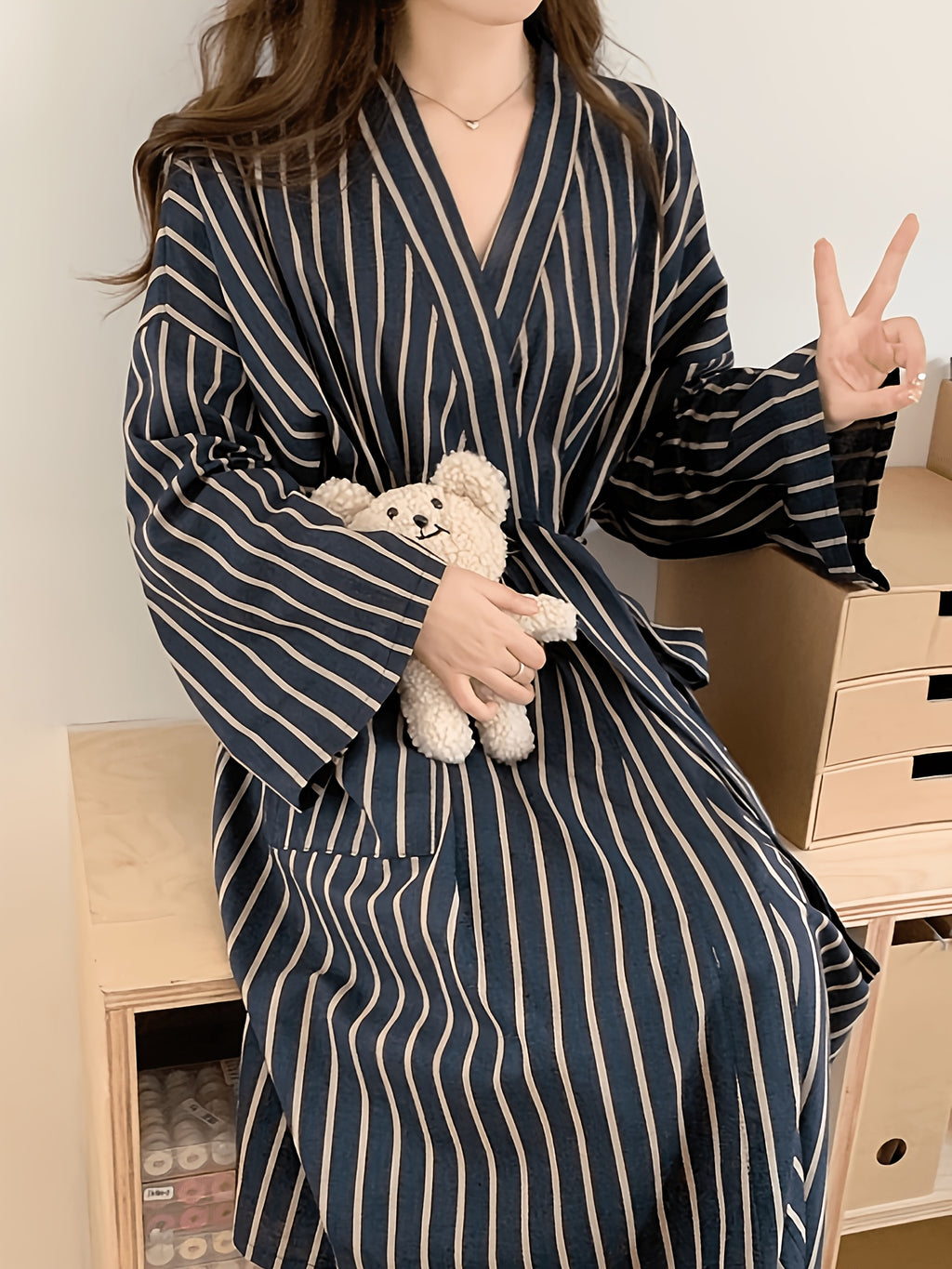 Women's navy striped satin dressing gown