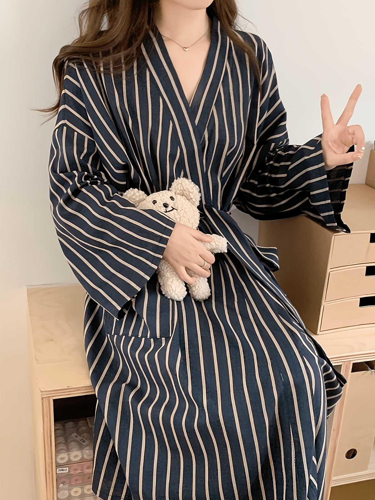 Women's navy striped satin dressing gown