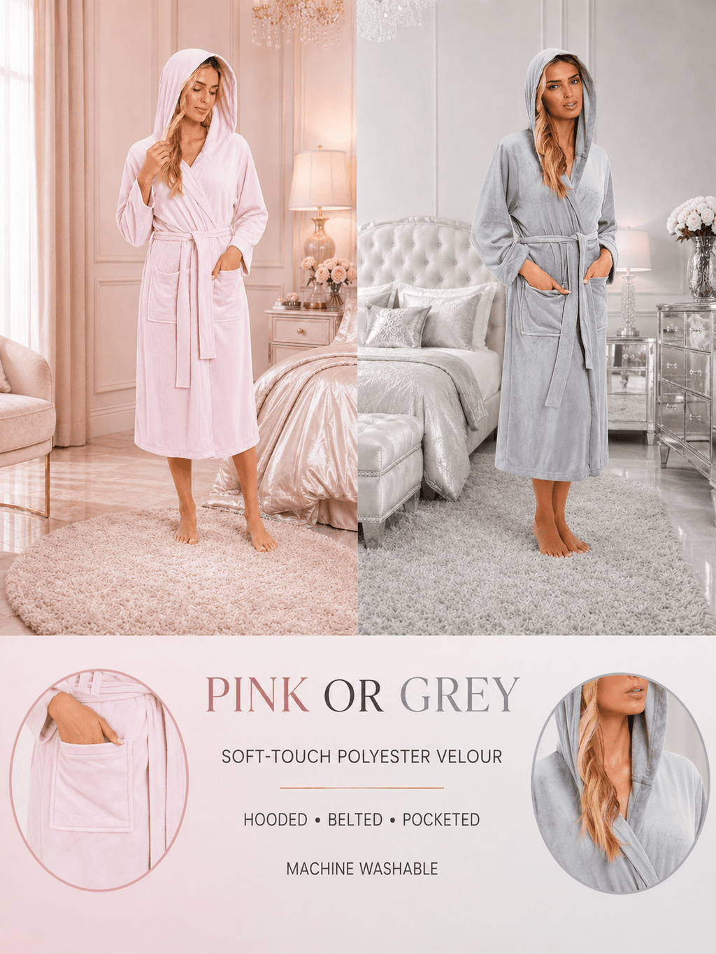 Women's long hooded velour bathrobe