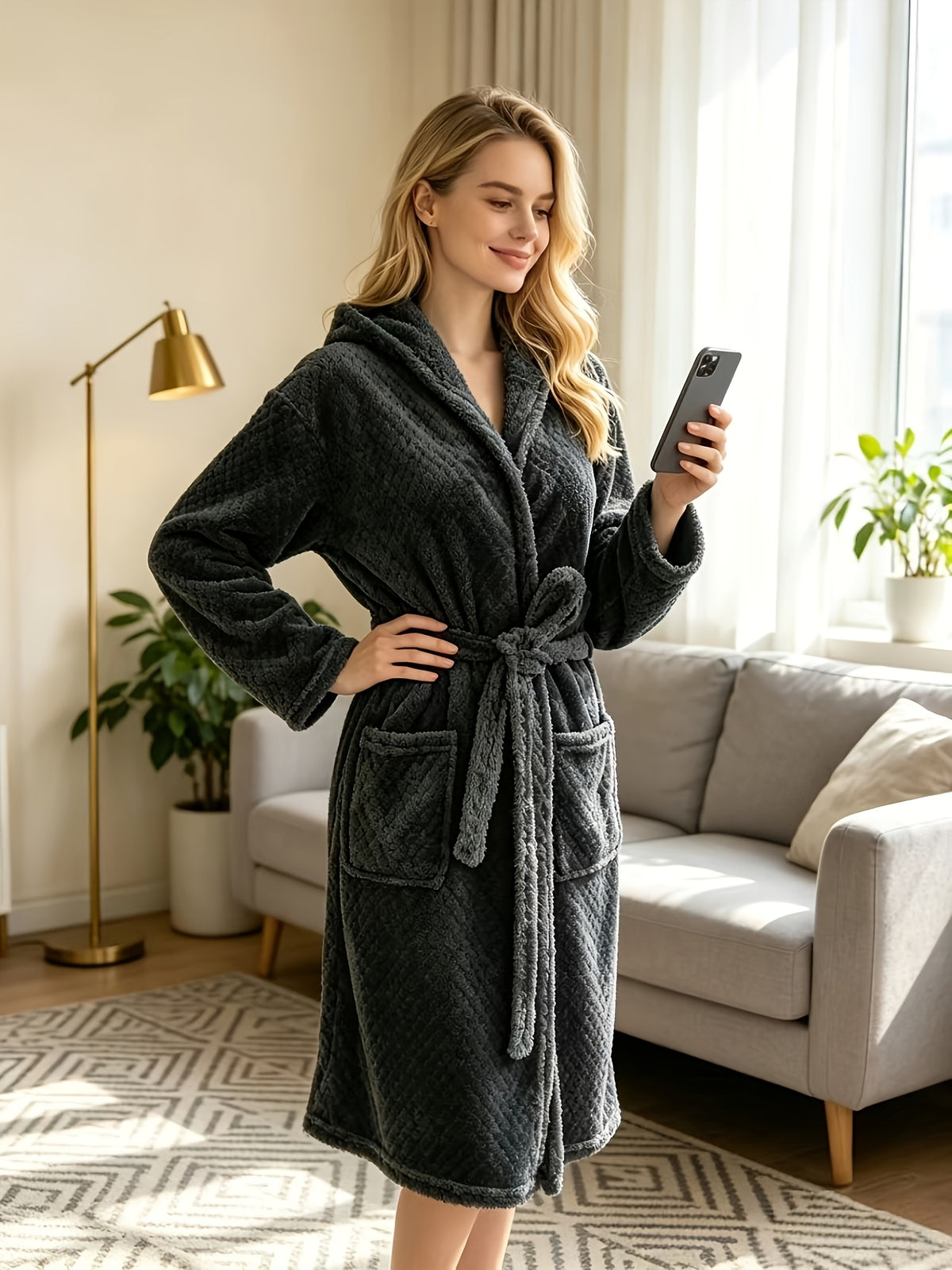 Women's grey hooded flannel bathrobe