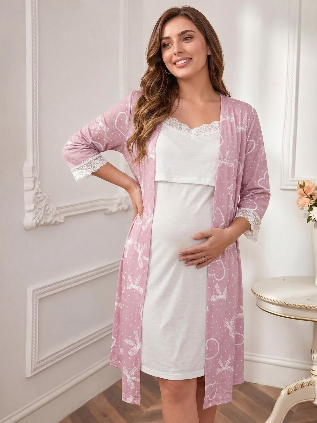 Women's maternity lace dressing gown and nightdress set