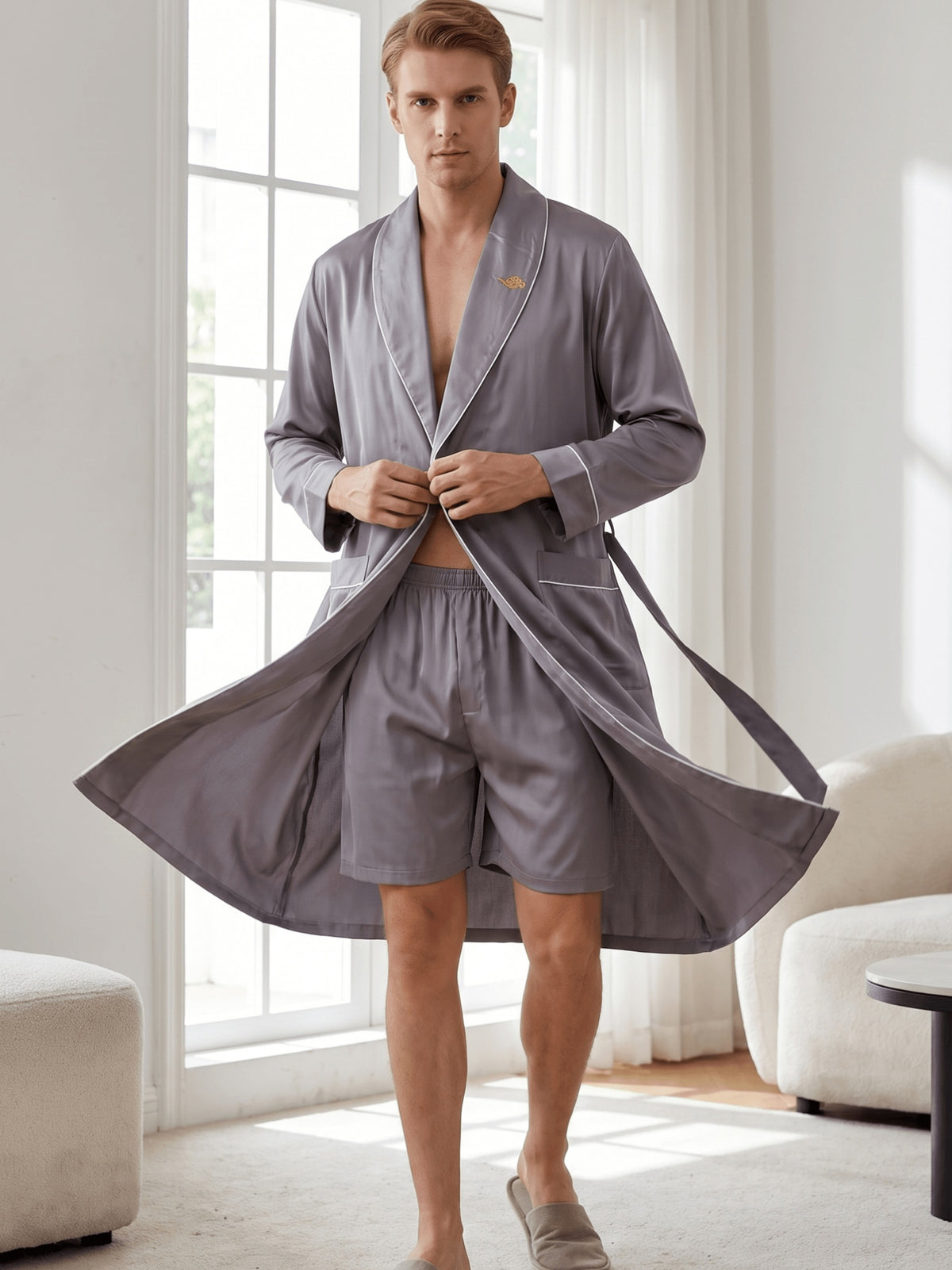 Men's embroidered satin dressing gown and shorts set