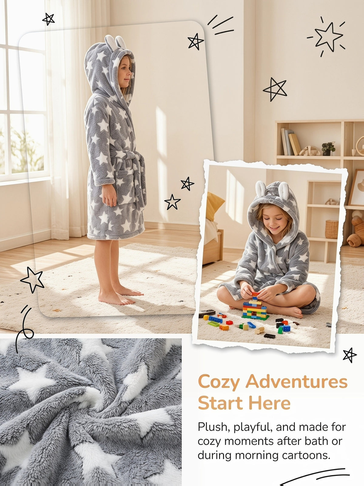 Girls' grey heart print hooded fleece dressing gown