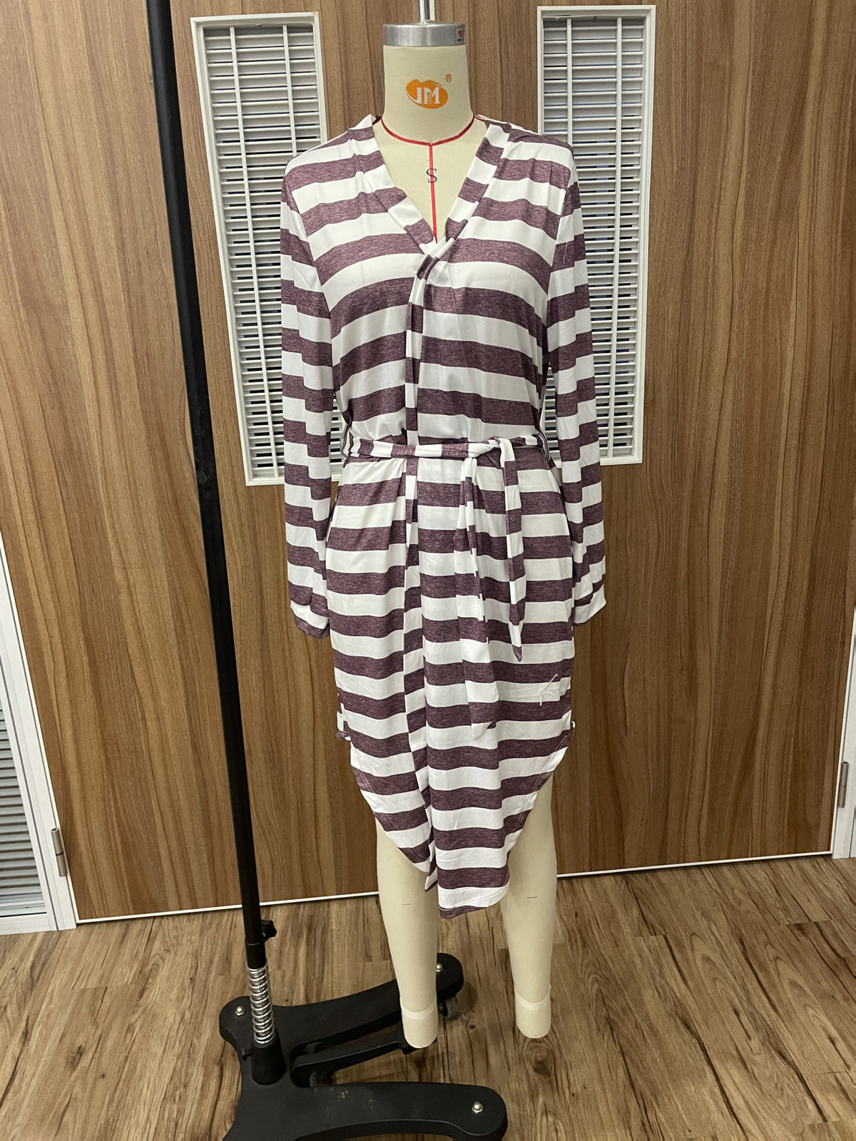 Women's grey striped hooded dressing gown