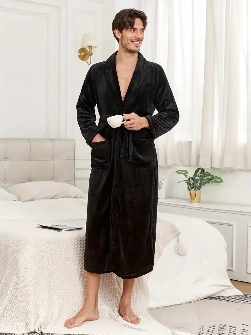 Men's long warm fleece bathrobe, plus size Image