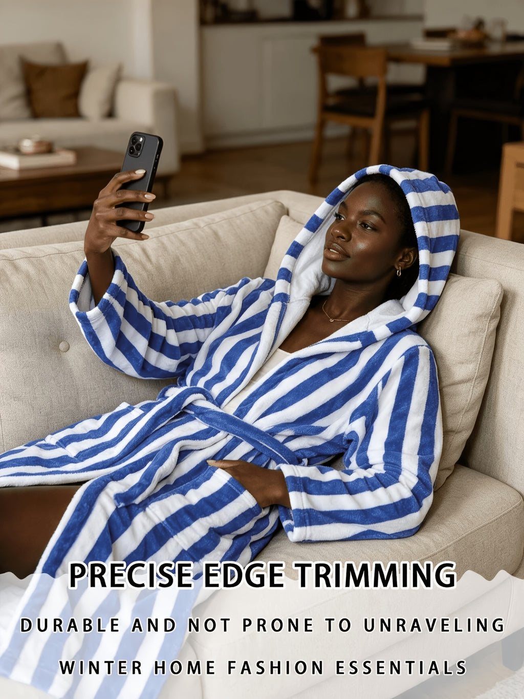 Women's blue striped hooded bathrobe