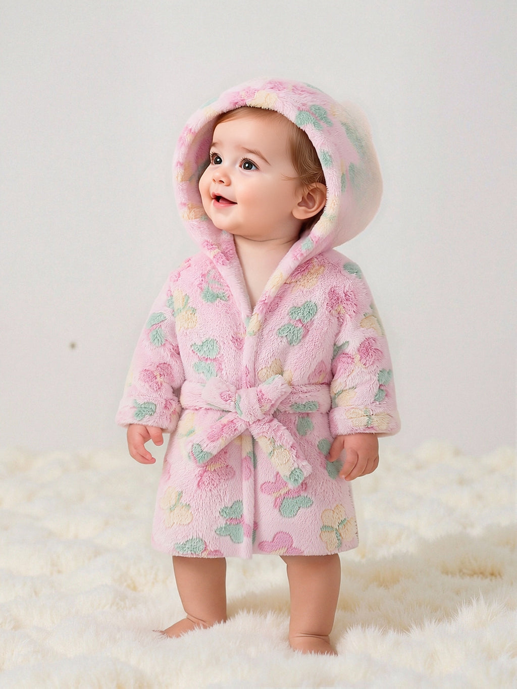 Baby pink hooded towelling bathrobe