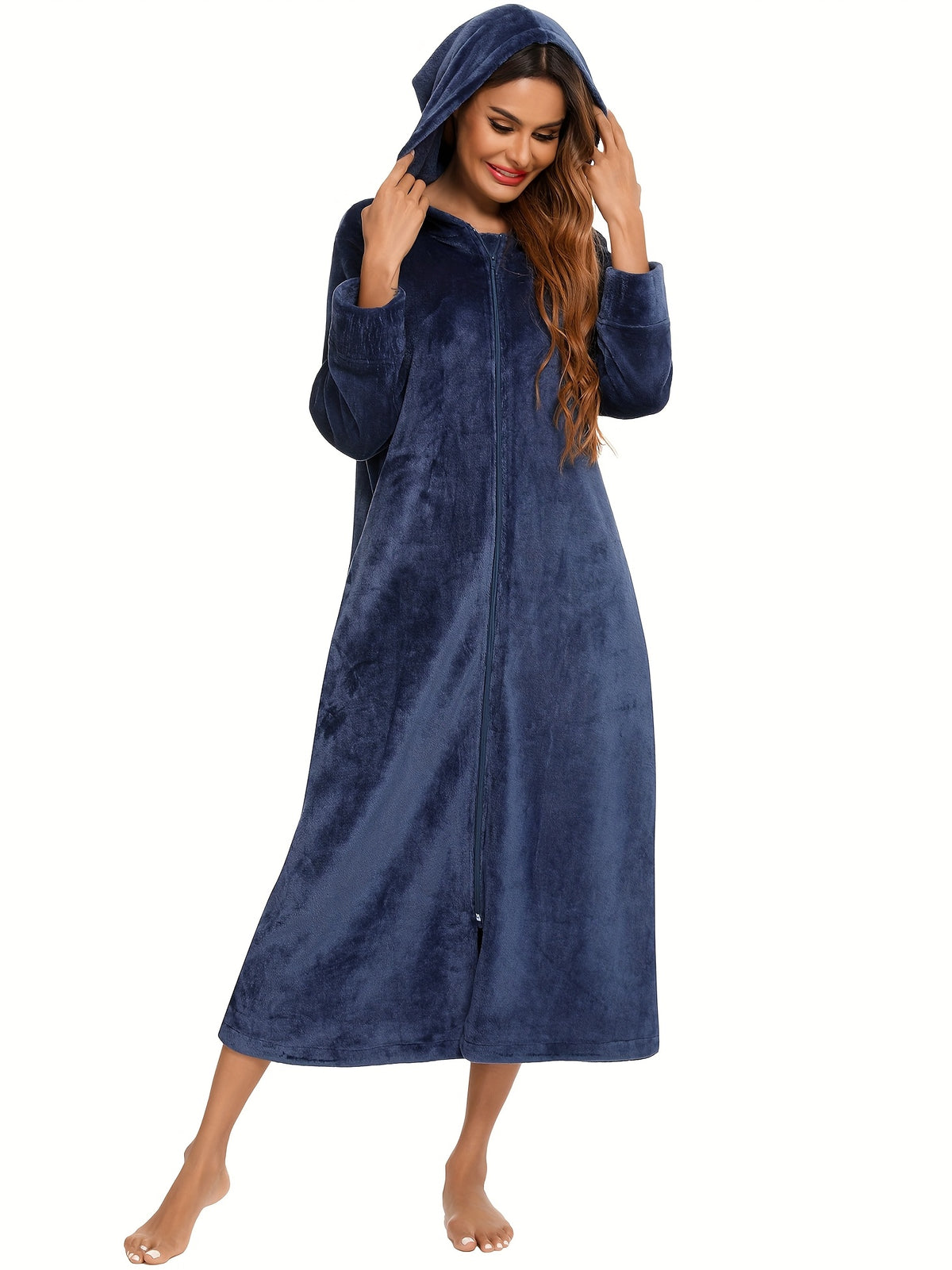 Women's hooded flannel zip-up dressing gown