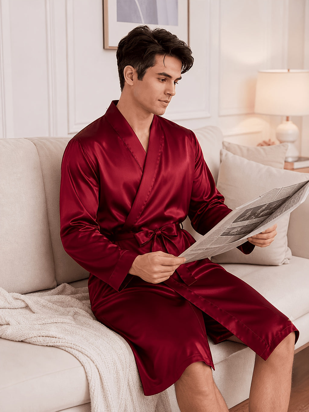 Men's navy satin dressing gown with belt