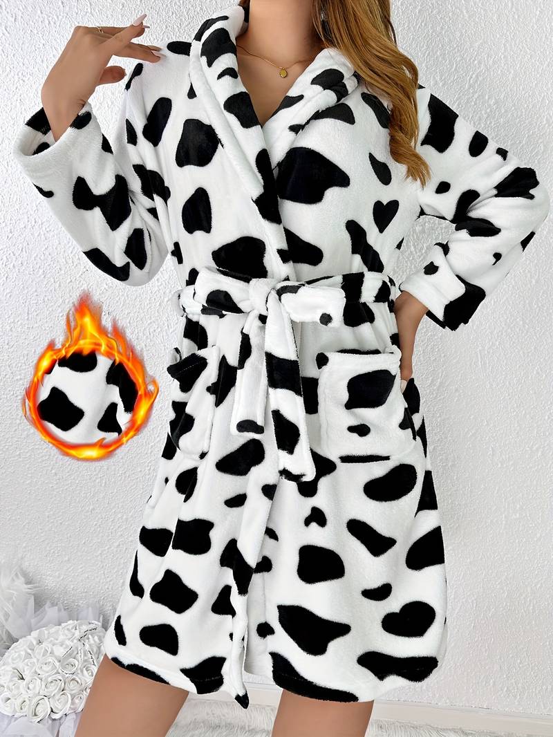 Women's cow print fleece bathrobe