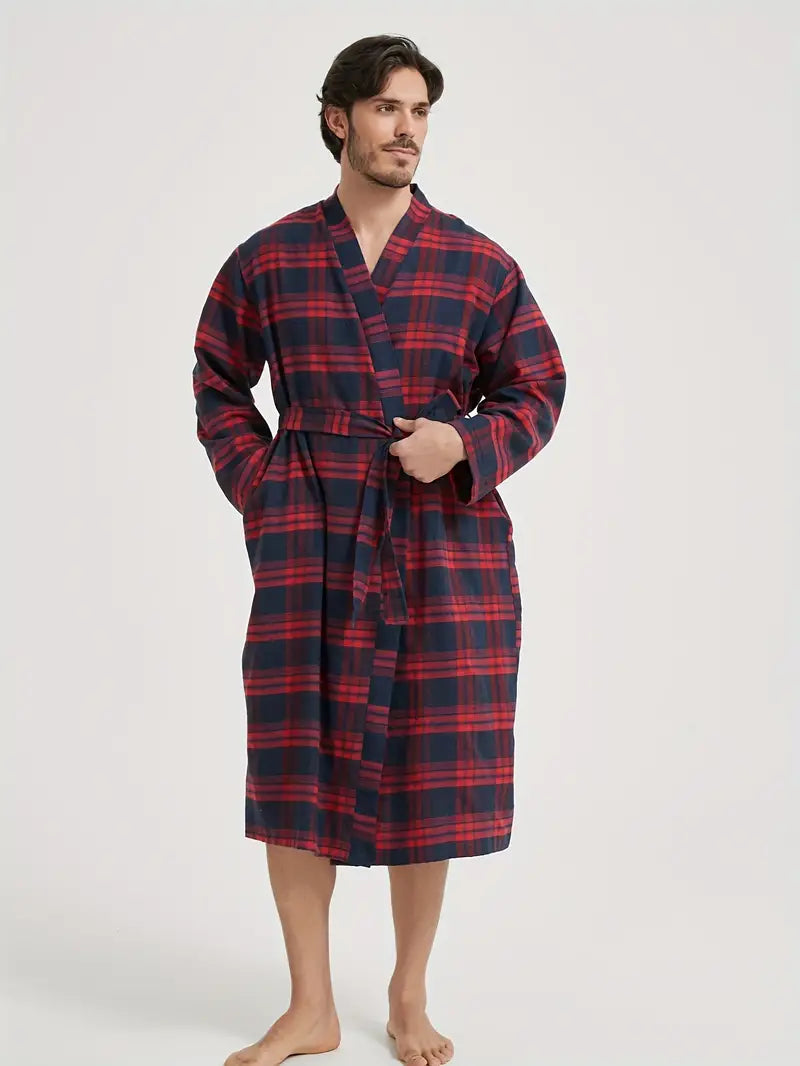 Men's long checked cotton dressing gown