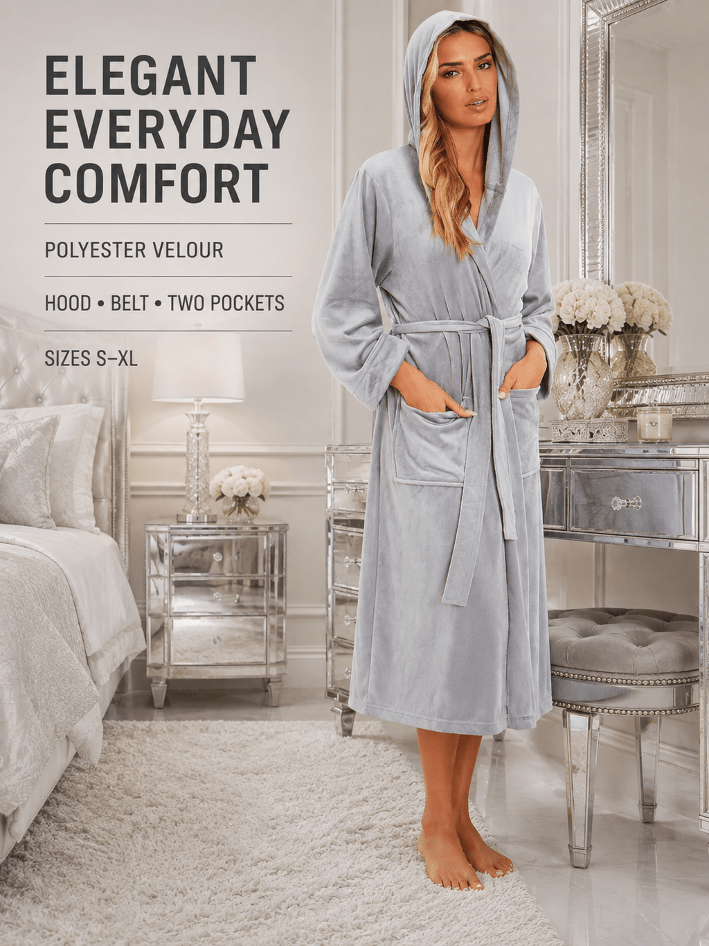 Women's long hooded velour bathrobe