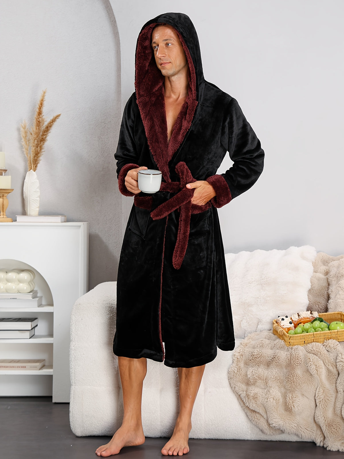Men's black hooded plush dressing gown