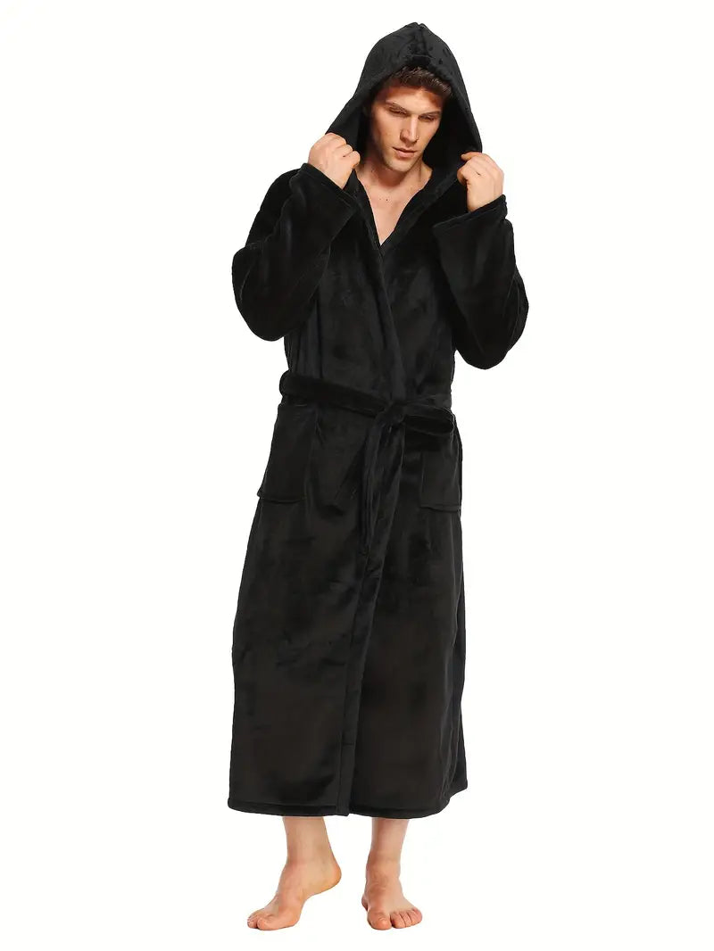 Men's comfortable hooded fleece bathrobe