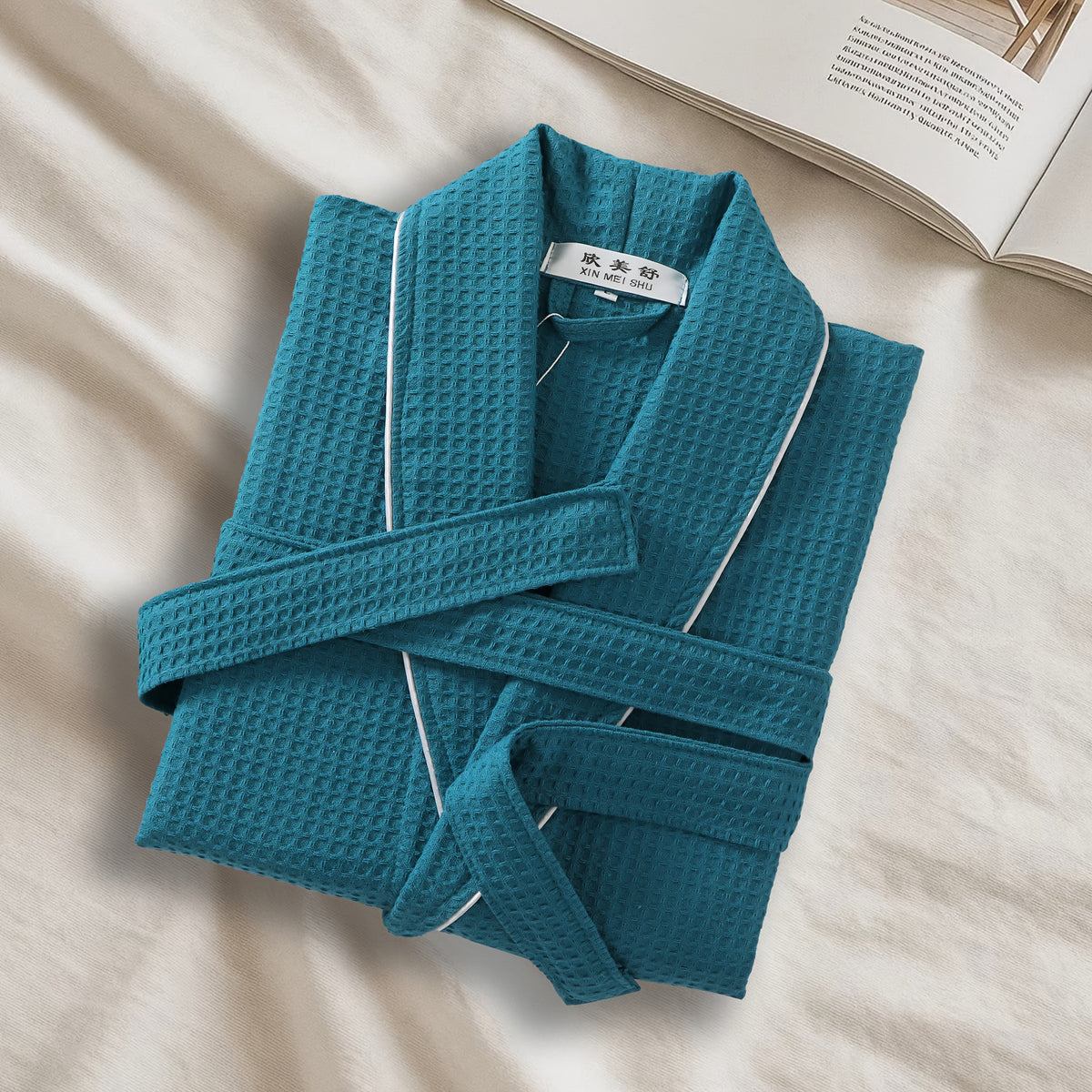 Unisex white tartan waffle bathrobe