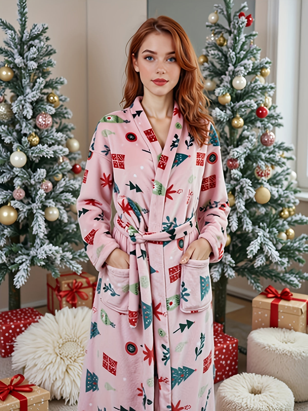 Women's pink Christmas print flannel dressing gown