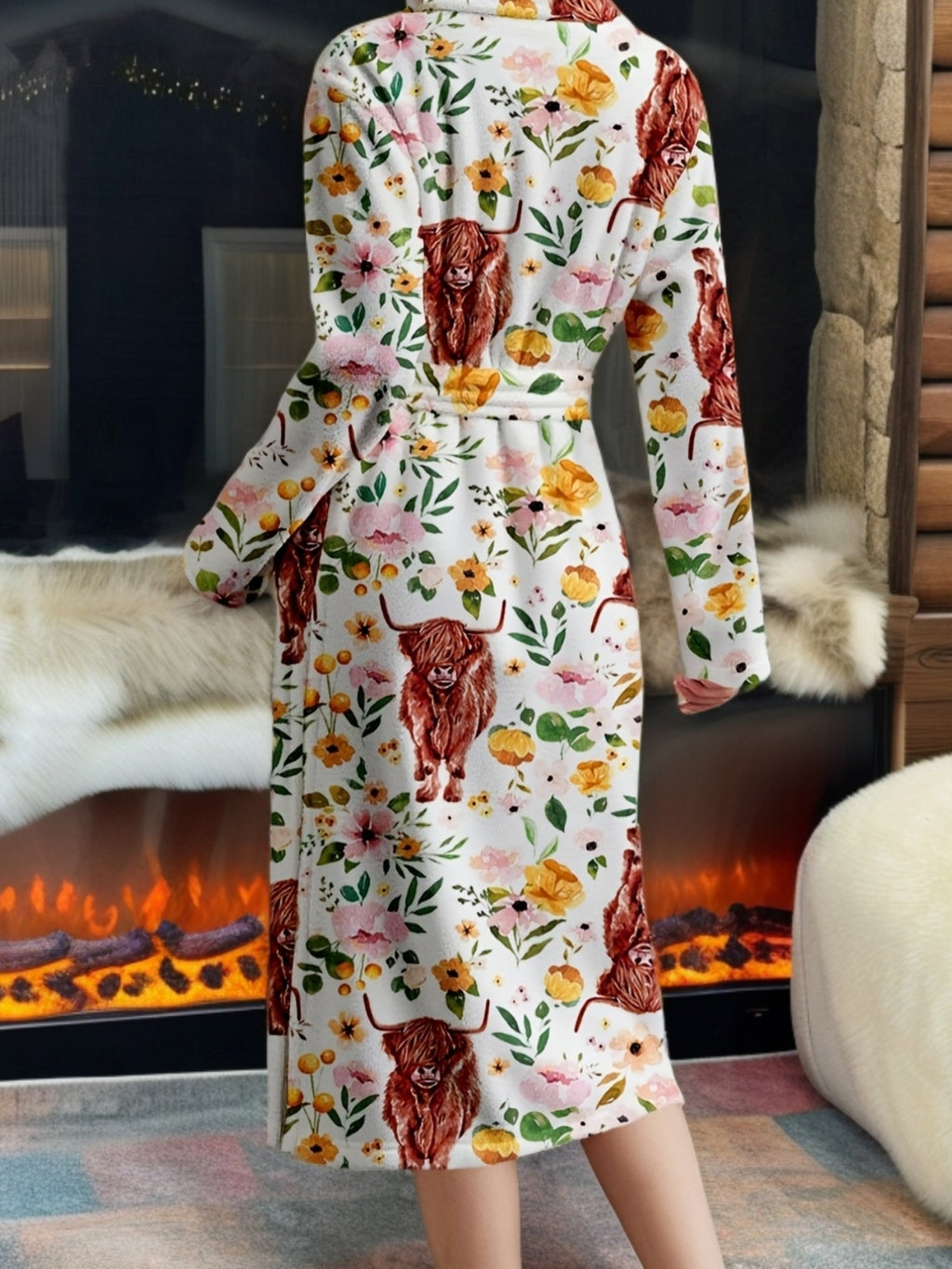 Women's Highland cow print flannel dressing gown