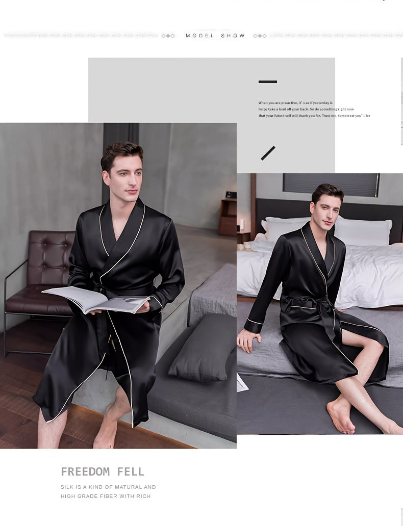 Men's black mulberry silk dressing gown