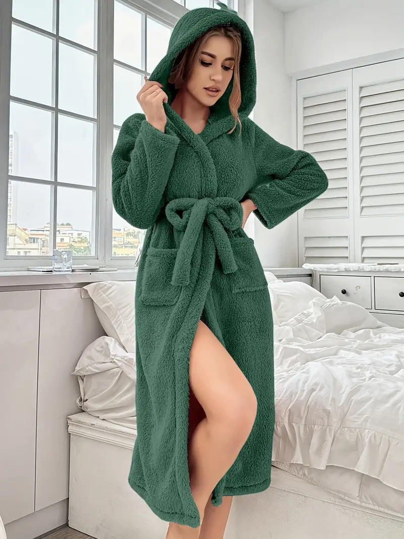 Green plus size hooded fleece bathrobe