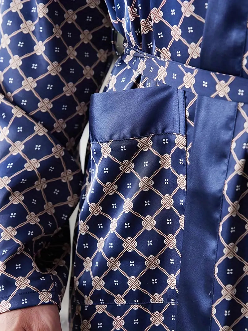 Men's long navy satin dressing gown