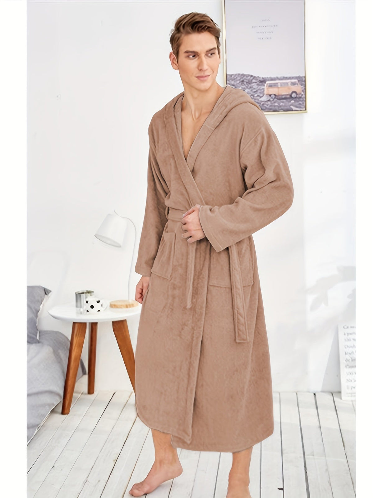 Peignoir homme à capuche en polaire douce avec poches et ceinture — coloris beige