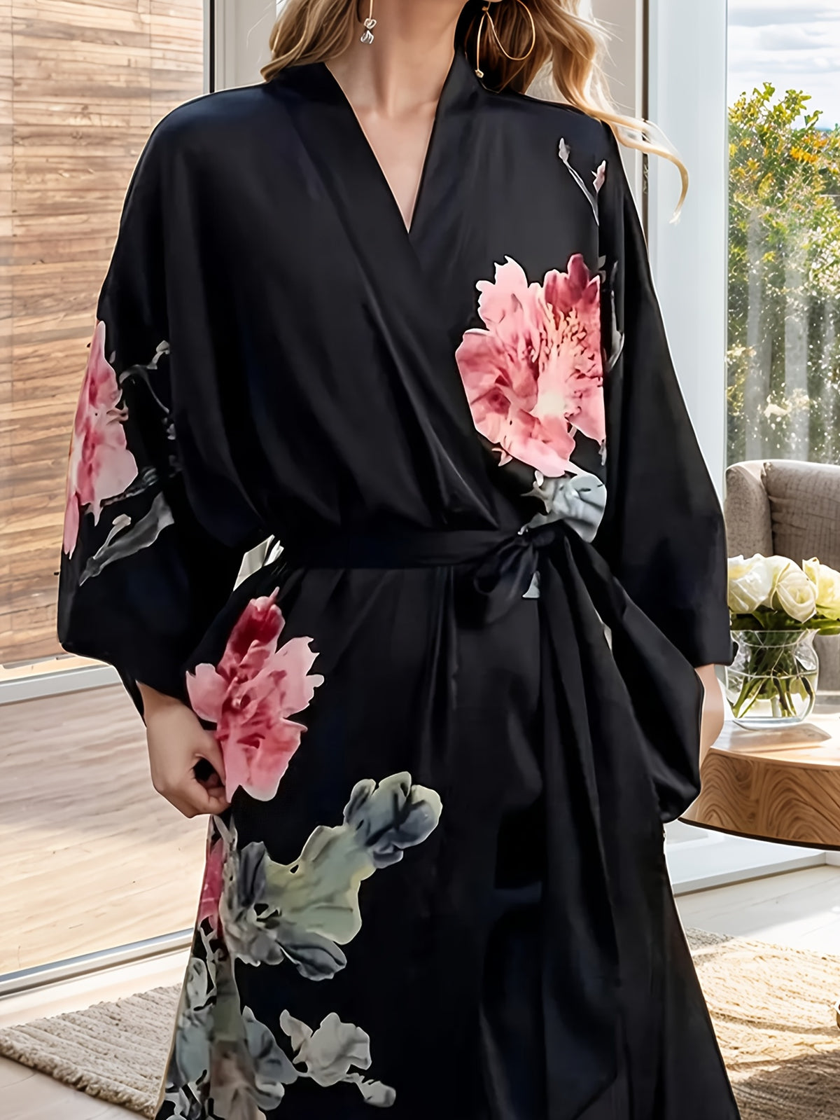 Women's plus size floral satin robe