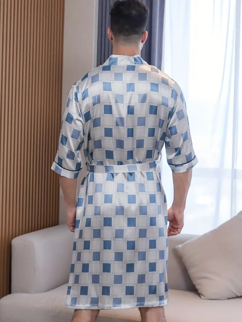 Men's short white checked satin dressing gown