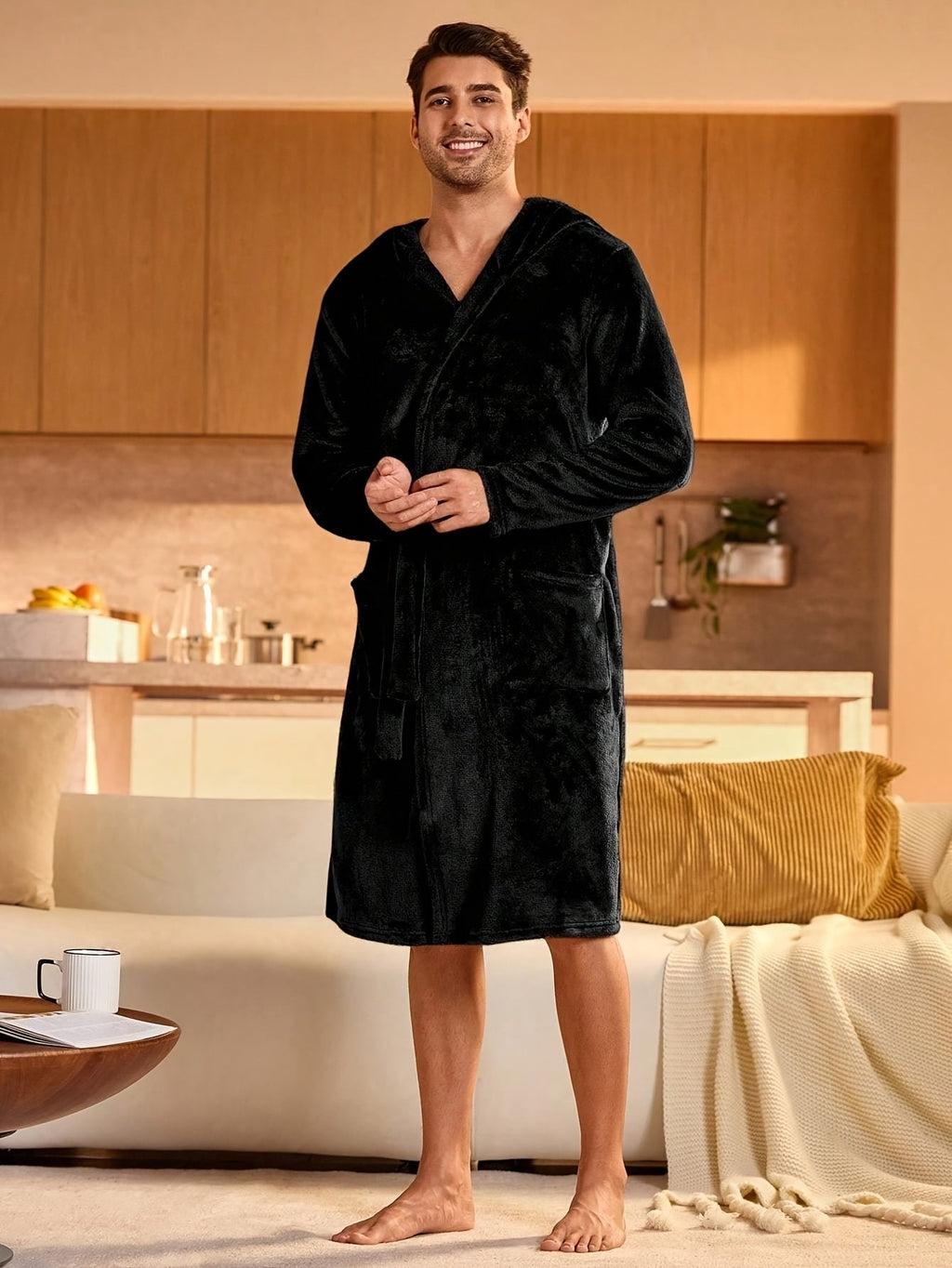 Men's black hooded fleece dressing gown