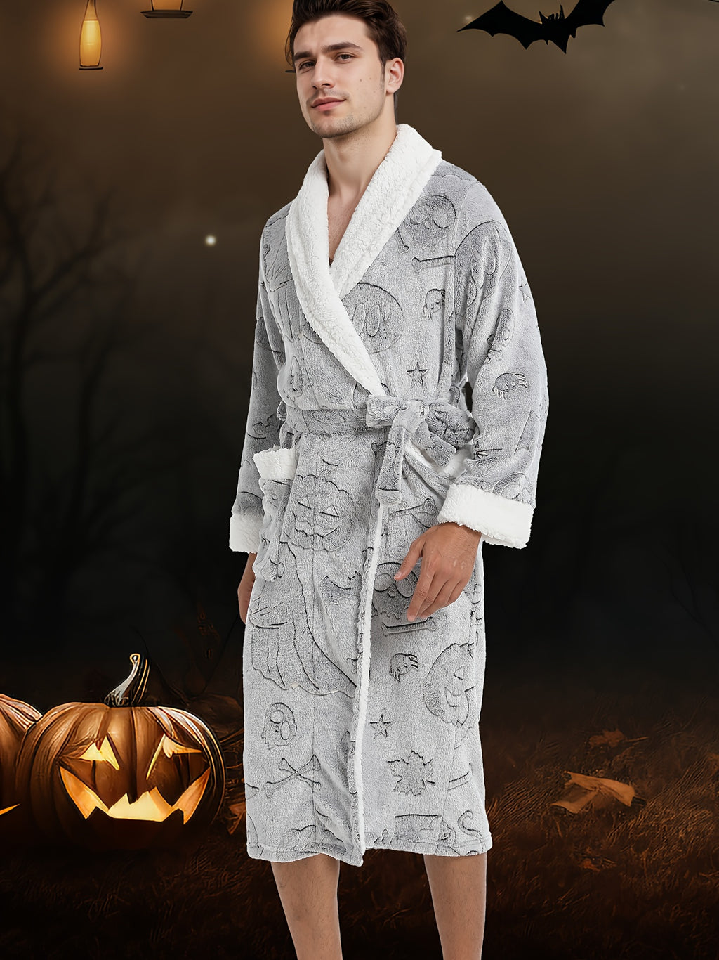 Men's Halloween print fleece dressing gown