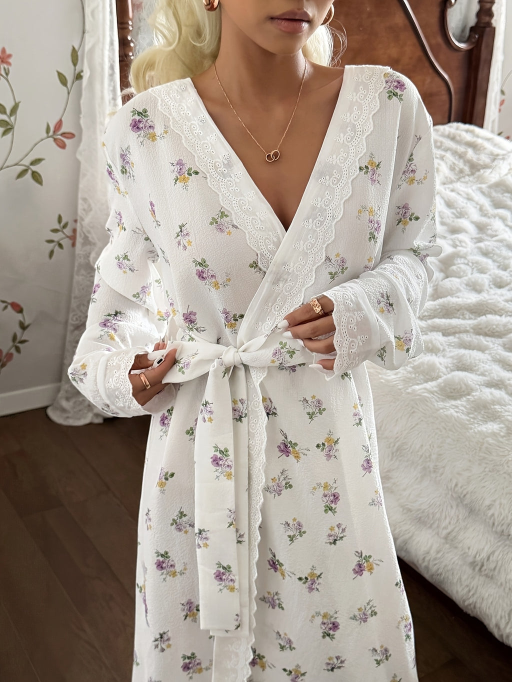 Women's ivory floral lace trim dressing gown