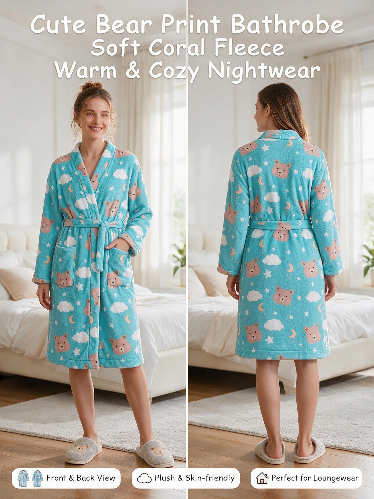 Women's teal bear print fleece bathrobe