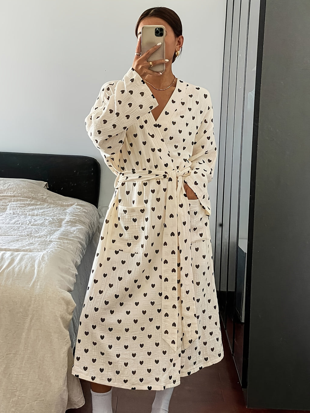 Women's cream polka dot dressing gown