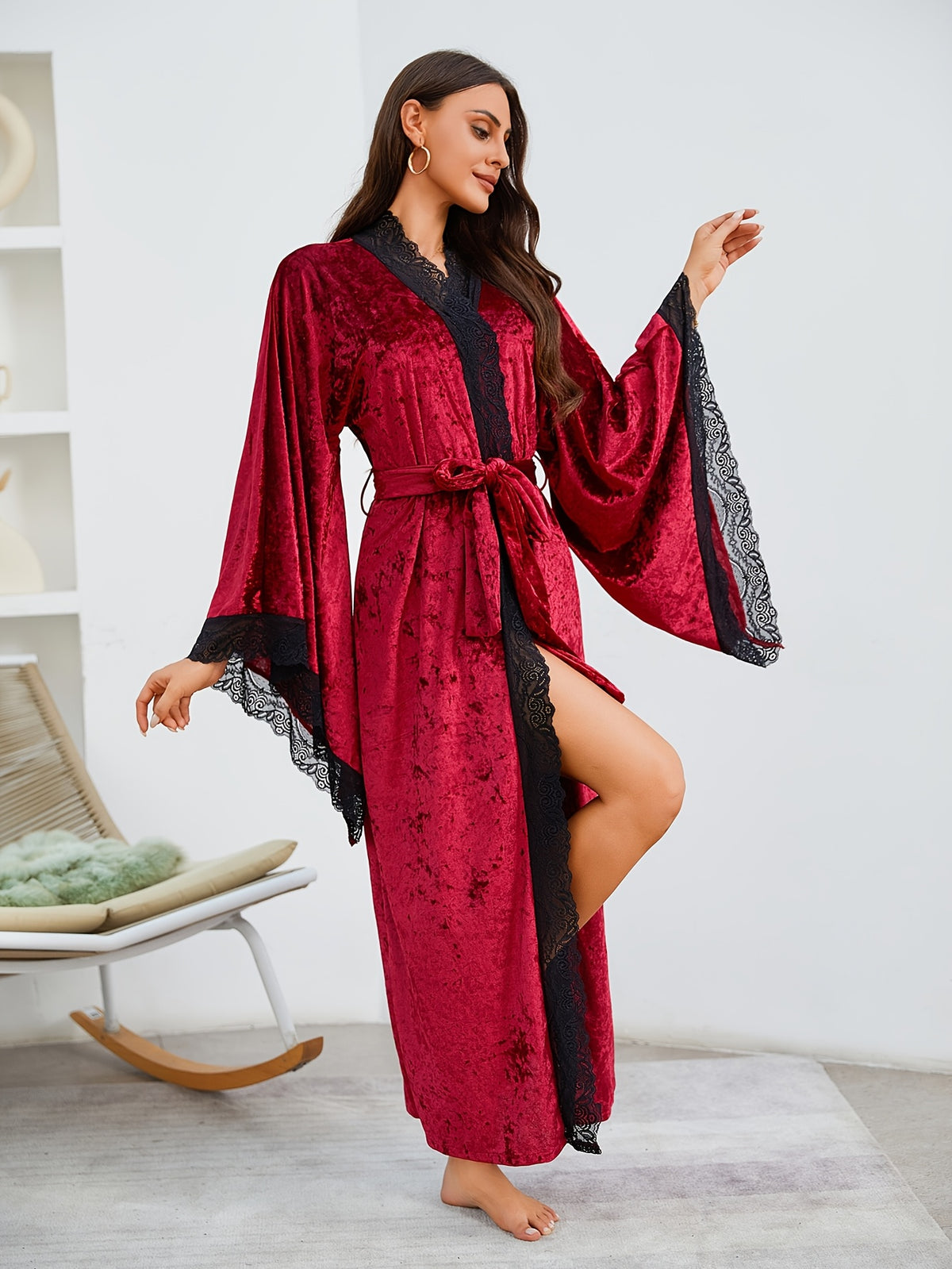 Women's burgundy velvet dressing gown with flared sleeves