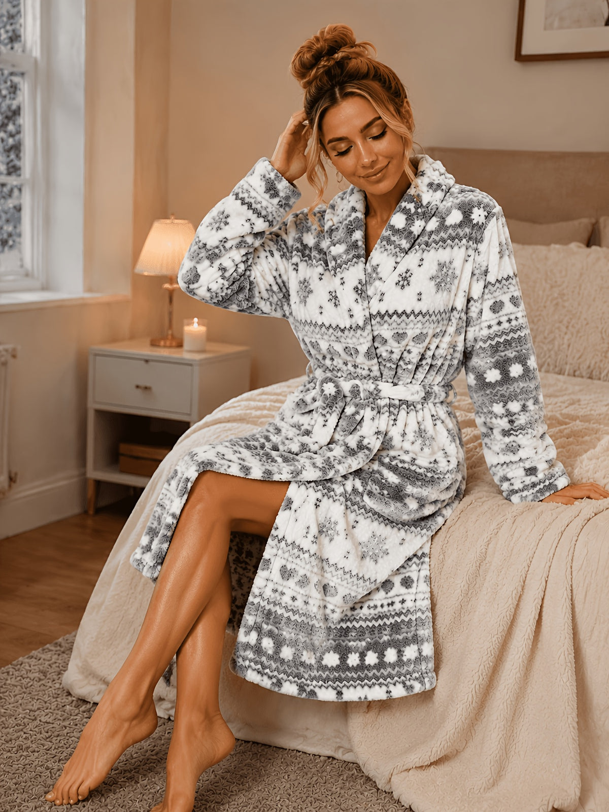 Women's grey flannel hooded dressing gown