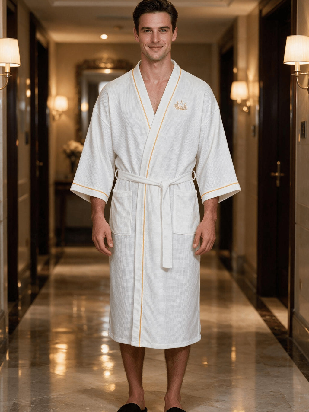 Men's black waffle bathrobe